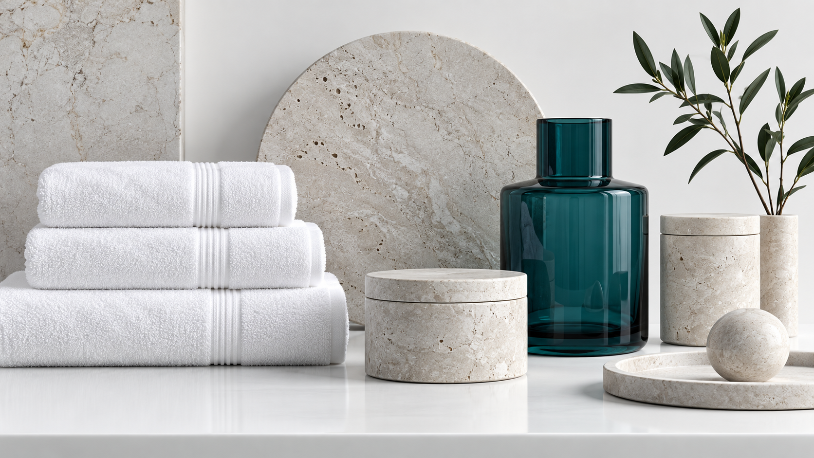 Illustrative minimal still life in white and pale stone with a deep teal vessel