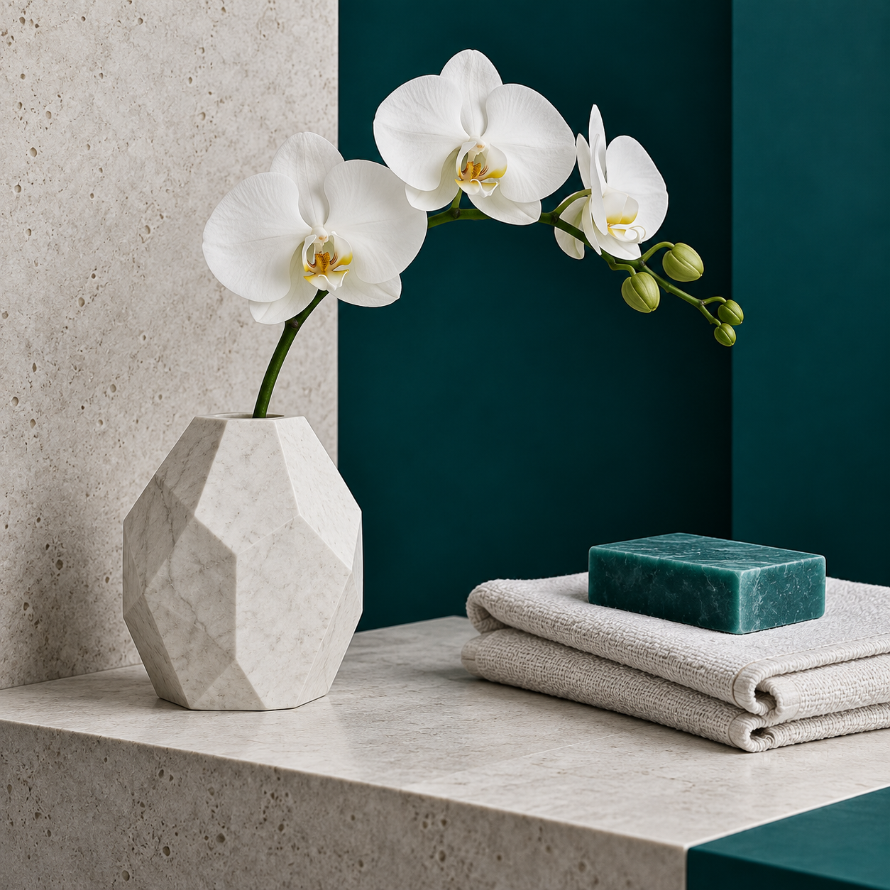 Illustrative still life of an orchid stem, folded linen, and a teal soap bar